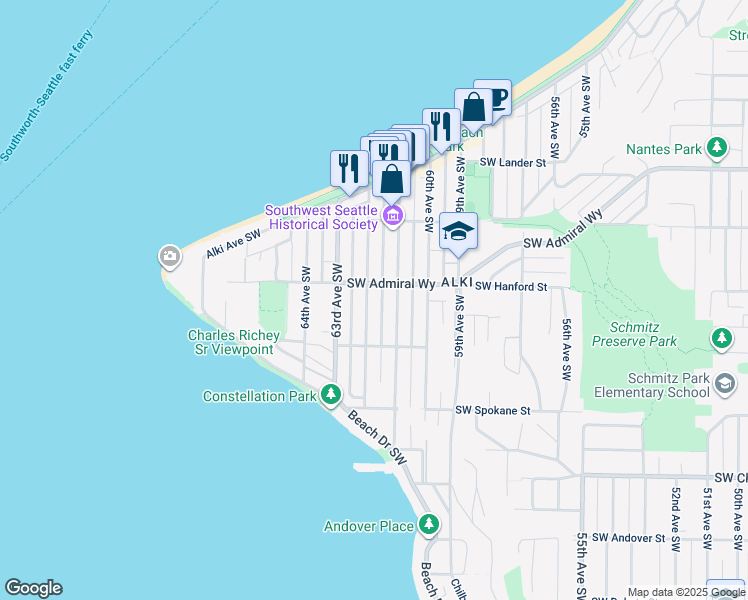 map of restaurants, bars, coffee shops, grocery stores, and more near 3210 62nd Avenue Southwest in Seattle