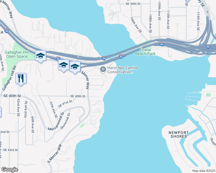 map of restaurants, bars, coffee shops, grocery stores, and more near 3840 East Mercer Way in Mercer Island