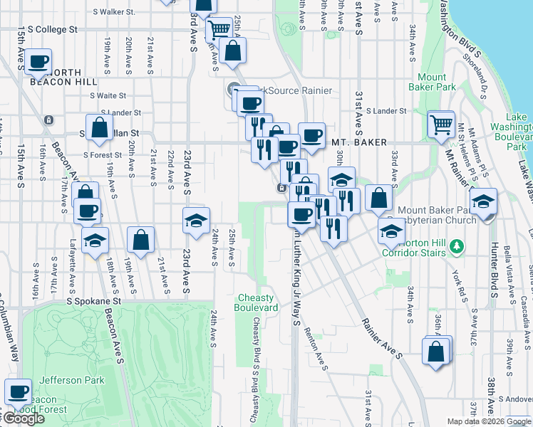 map of restaurants, bars, coffee shops, grocery stores, and more near 2705 South Winthrop Street in Seattle