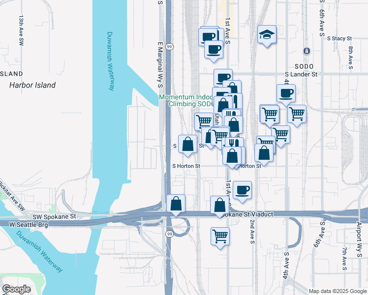 map of restaurants, bars, coffee shops, grocery stores, and more near 33 South Hanford Street in Seattle