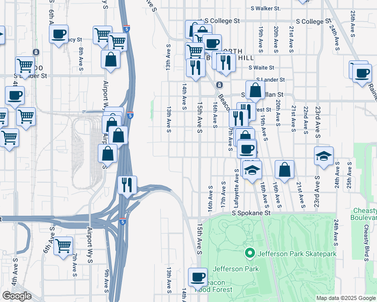 map of restaurants, bars, coffee shops, grocery stores, and more near 3114 14th Avenue South in Seattle