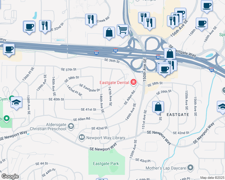 map of restaurants, bars, coffee shops, grocery stores, and more near 3774 147th Avenue Southeast in Bellevue