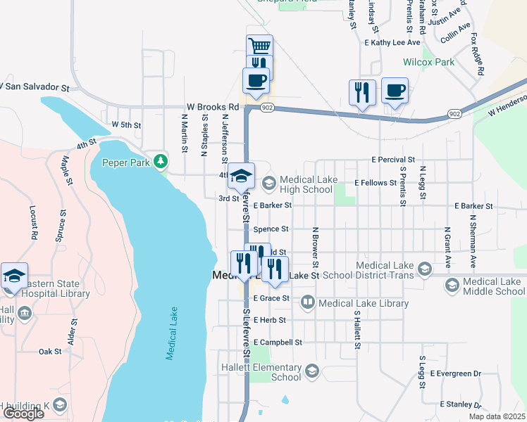 map of restaurants, bars, coffee shops, grocery stores, and more near 320 North Broad Street in Medical Lake