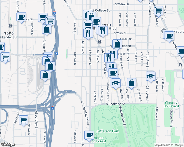 map of restaurants, bars, coffee shops, grocery stores, and more near 3114 15th Avenue South in Seattle