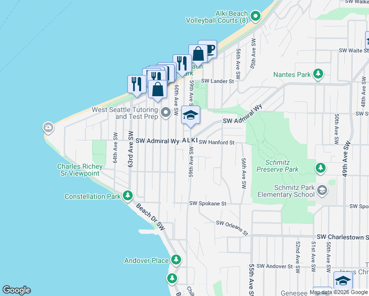 map of restaurants, bars, coffee shops, grocery stores, and more near 3208 60th Avenue Southwest in Seattle