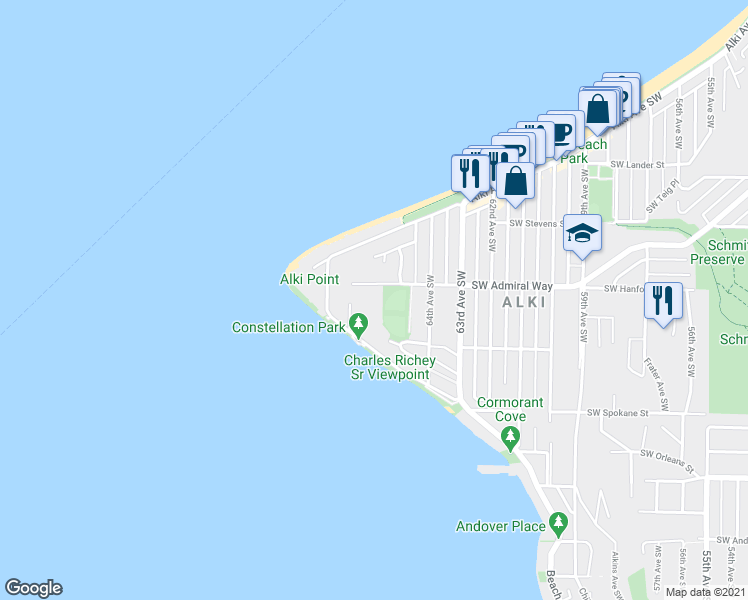 map of restaurants, bars, coffee shops, grocery stores, and more near 6425 Southwest Admiral Way in Seattle