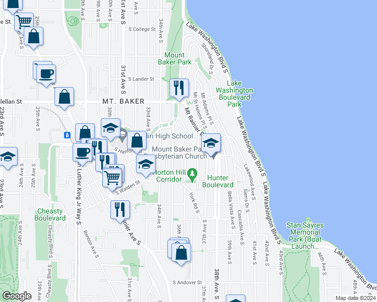map of restaurants, bars, coffee shops, grocery stores, and more near 2974 36th Avenue South in Seattle