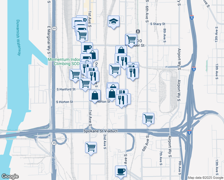 map of restaurants, bars, coffee shops, grocery stores, and more near 198 South Hanford Street in Seattle