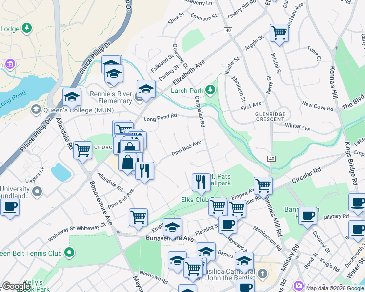 map of restaurants, bars, coffee shops, grocery stores, and more near 12 Pine Bud Avenue in St. John's