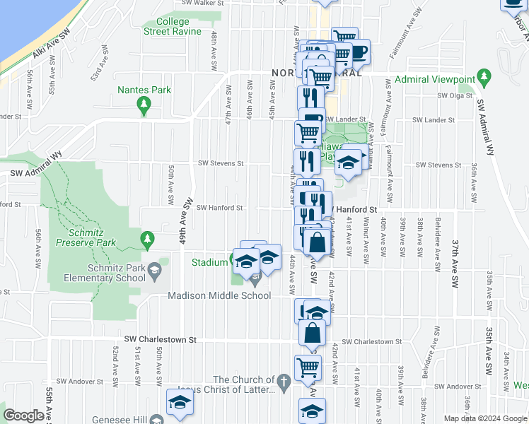 map of restaurants, bars, coffee shops, grocery stores, and more near 3201 45th Avenue Southwest in Seattle