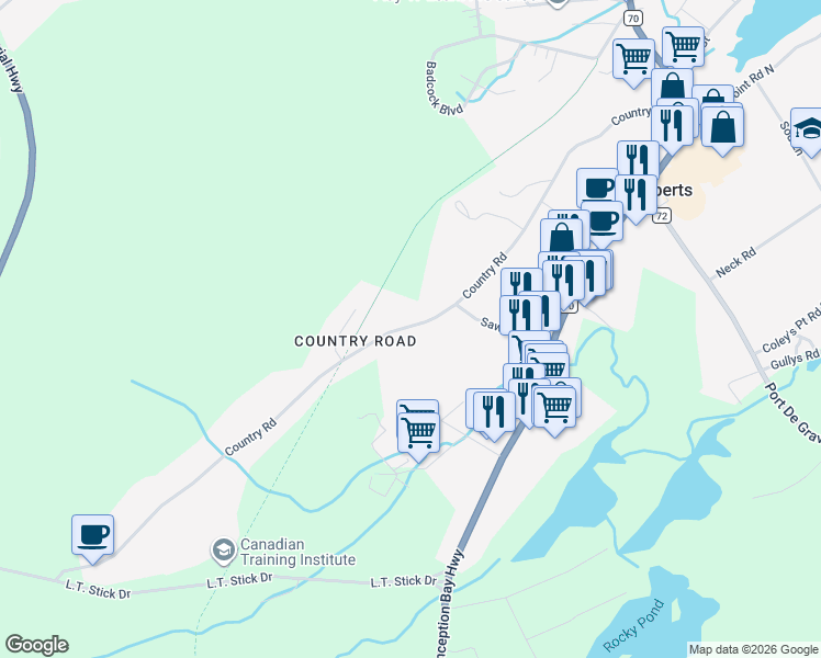 map of restaurants, bars, coffee shops, grocery stores, and more near 107 Country Road in Coley's Point South
