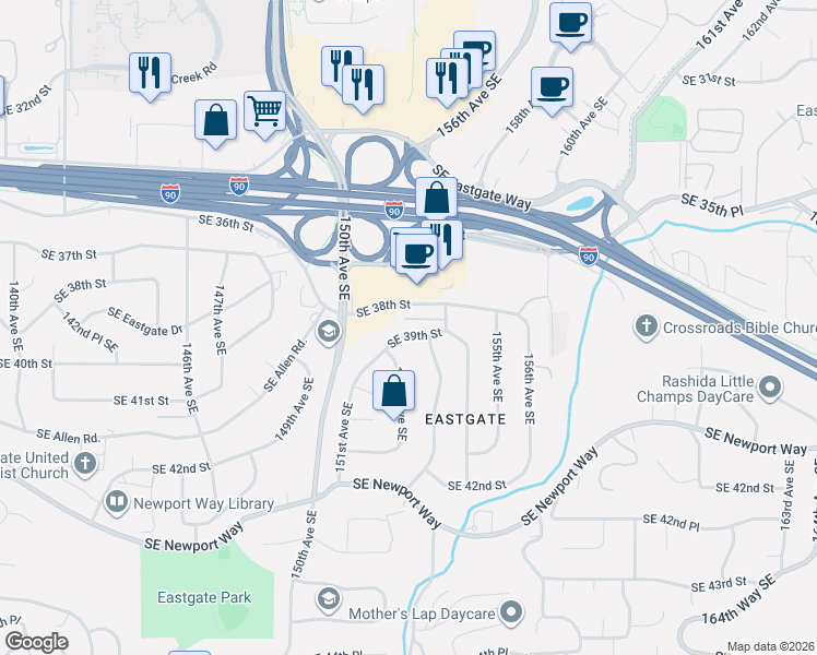 map of restaurants, bars, coffee shops, grocery stores, and more near 15232 Southeast 39th Street in Bellevue