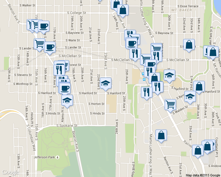map of restaurants, bars, coffee shops, grocery stores, and more near 3111 Harris Place South in Seattle