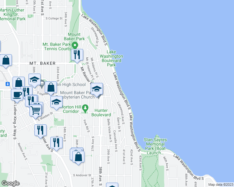 map of restaurants, bars, coffee shops, grocery stores, and more near 3140 Lakewood Avenue South in Seattle