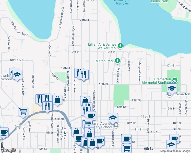 map of restaurants, bars, coffee shops, grocery stores, and more near 1523 Snyder Avenue in Bremerton