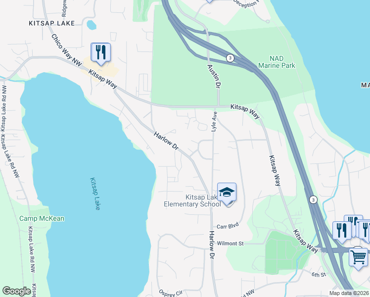 map of restaurants, bars, coffee shops, grocery stores, and more near 1508 Kitsap Drive in Bremerton