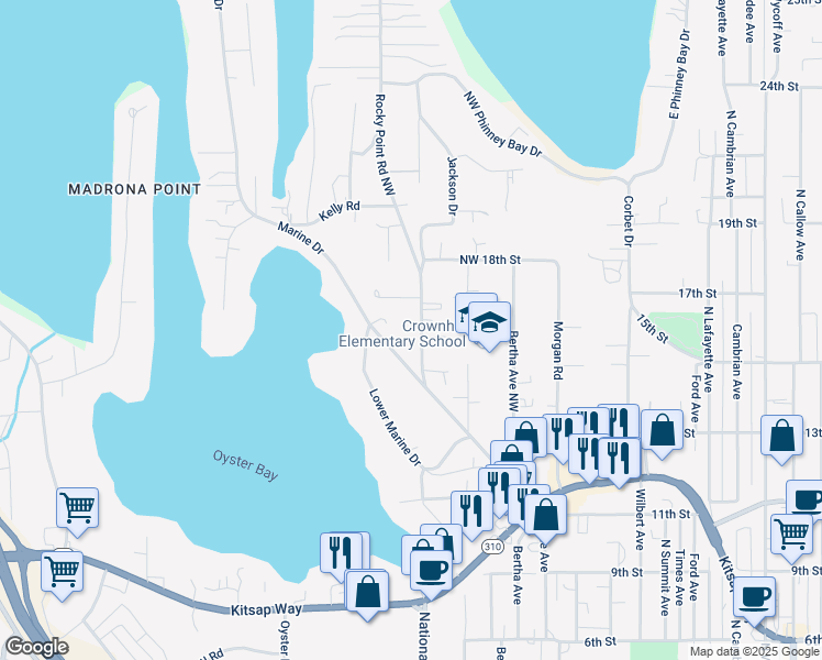 map of restaurants, bars, coffee shops, grocery stores, and more near 1525 Rocky Point Road Northwest in Bremerton