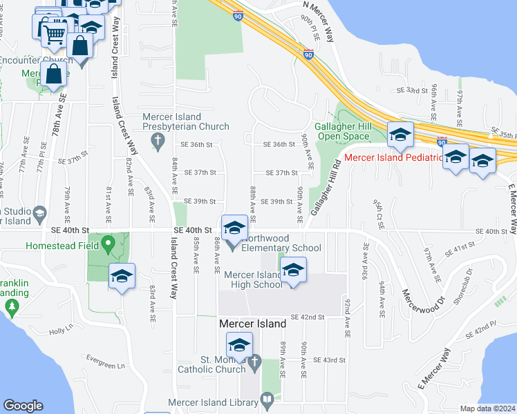 map of restaurants, bars, coffee shops, grocery stores, and more near 8805 Southeast 39th Street in Mercer Island