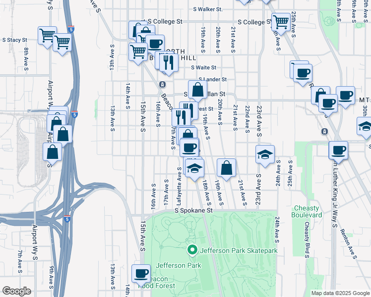map of restaurants, bars, coffee shops, grocery stores, and more near 3051 Beacon Avenue South in Seattle