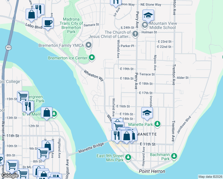 map of restaurants, bars, coffee shops, grocery stores, and more near 1719 Winfield Ave in Bremerton