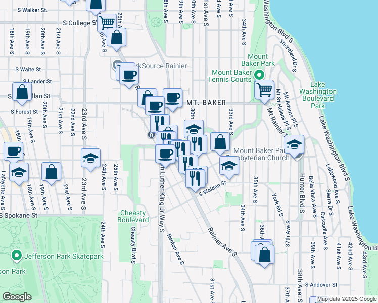 map of restaurants, bars, coffee shops, grocery stores, and more near 2939 South Mount Baker Boulevard in Seattle