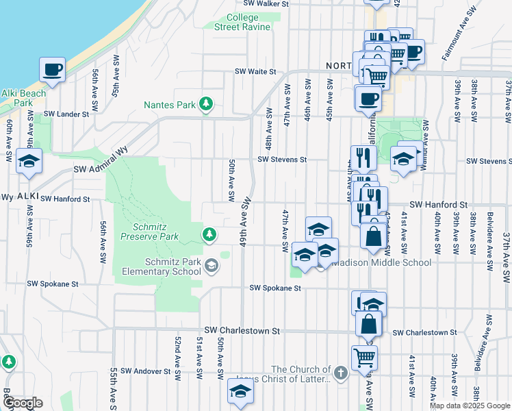 map of restaurants, bars, coffee shops, grocery stores, and more near 3203 48th Avenue Southwest in Seattle