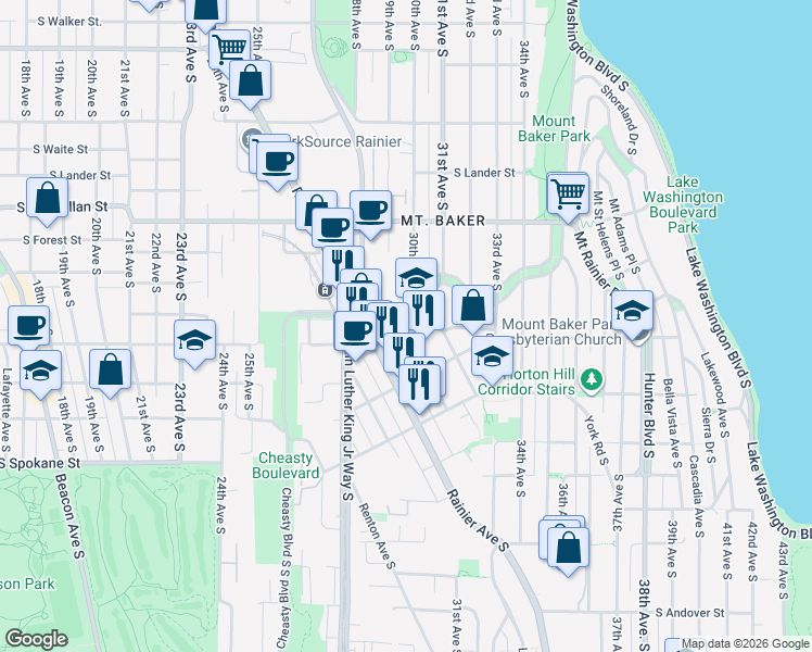 map of restaurants, bars, coffee shops, grocery stores, and more near 2931 South Mount Baker Boulevard in Seattle
