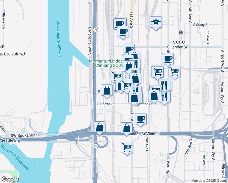 map of restaurants, bars, coffee shops, grocery stores, and more near 49 South Hanford Street in Seattle
