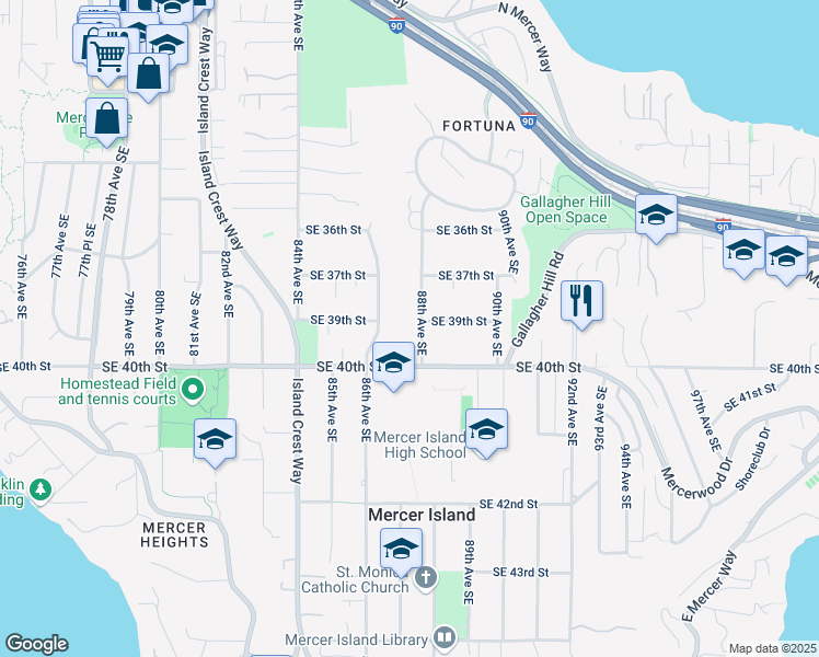 map of restaurants, bars, coffee shops, grocery stores, and more near 3906 86th Avenue Southeast in Mercer Island