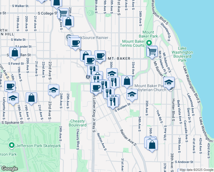 map of restaurants, bars, coffee shops, grocery stores, and more near 2931 South Mount Baker Boulevard in Seattle