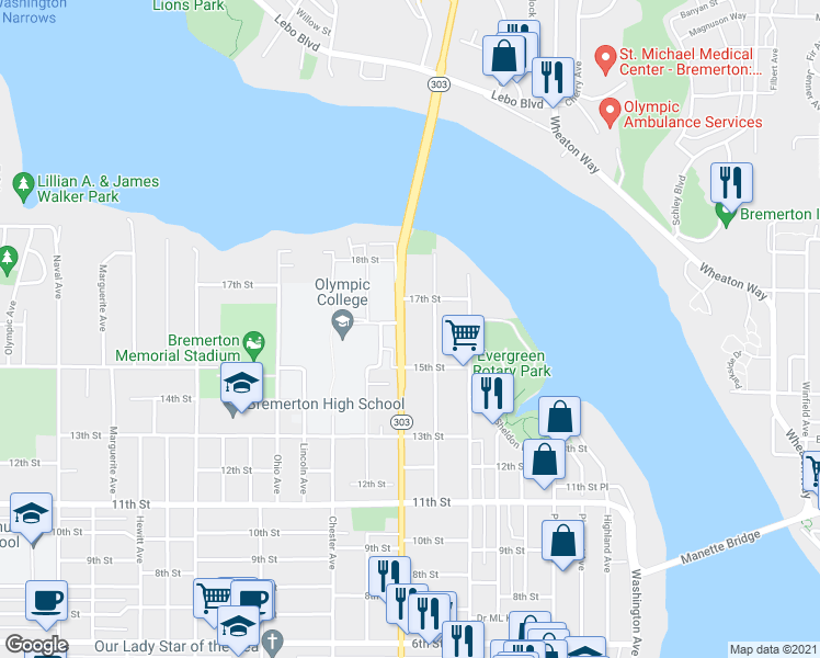 map of restaurants, bars, coffee shops, grocery stores, and more near 1528 Warren Avenue in Bremerton