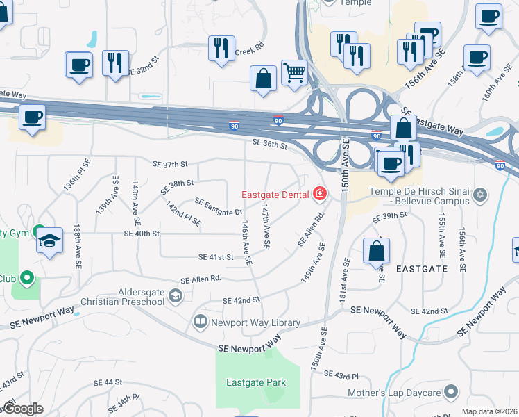 map of restaurants, bars, coffee shops, grocery stores, and more near 14619 Southeast Eastgate Drive in Bellevue