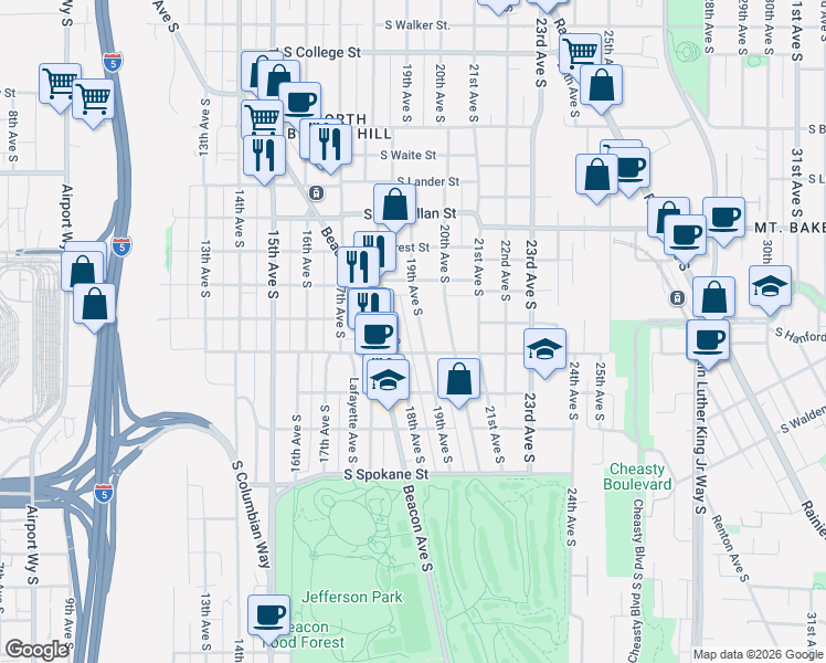 map of restaurants, bars, coffee shops, grocery stores, and more near 3050 Beacon Hill Greenway in Seattle