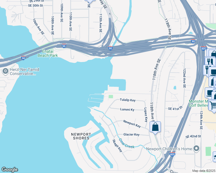 map of restaurants, bars, coffee shops, grocery stores, and more near 3911 Lake Washington Boulevard Southeast in Bellevue