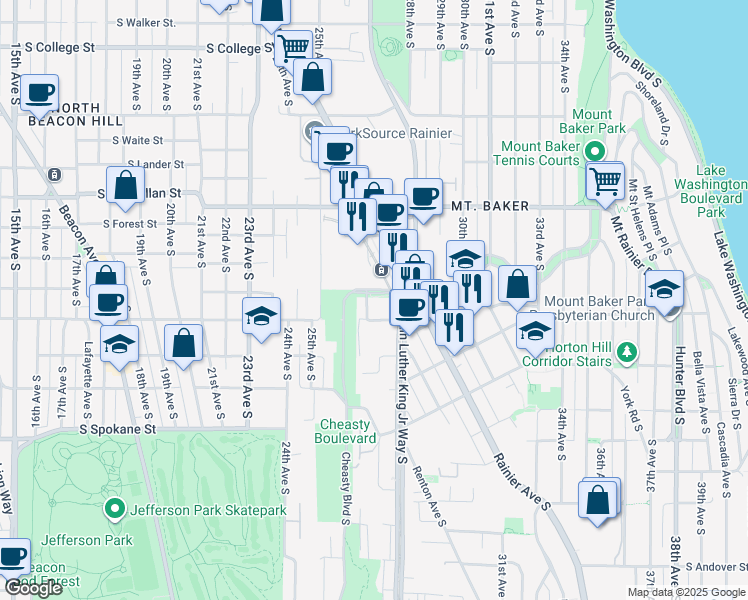 map of restaurants, bars, coffee shops, grocery stores, and more near 2705 South Winthrop Street in Seattle