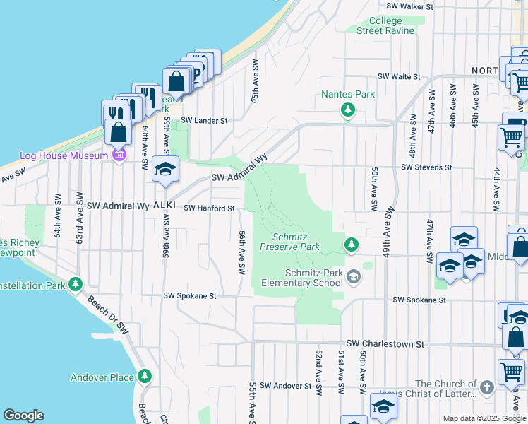 map of restaurants, bars, coffee shops, grocery stores, and more near Schmitz Park to Alki Trail in Seattle
