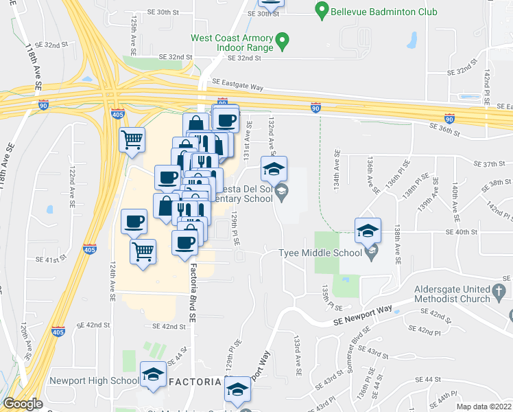 map of restaurants, bars, coffee shops, grocery stores, and more near 3811 130th Lane Southeast in Bellevue