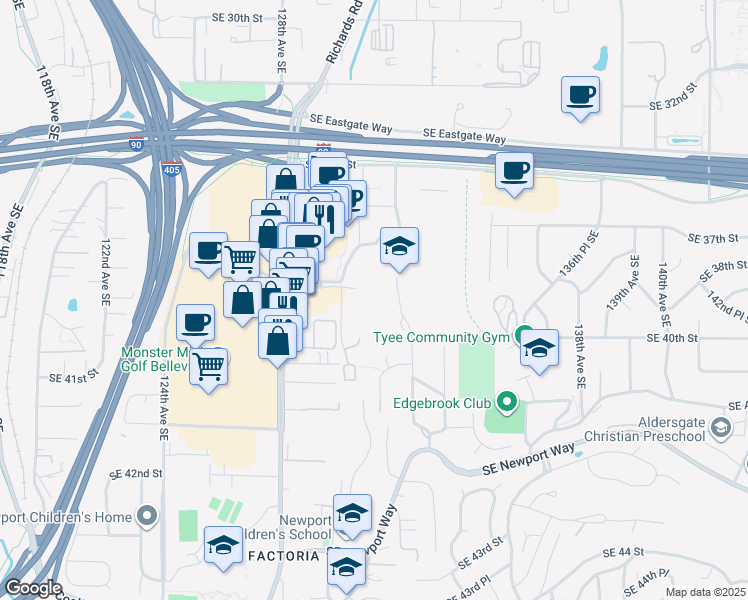 map of restaurants, bars, coffee shops, grocery stores, and more near 3811 130th Lane Southeast in Bellevue