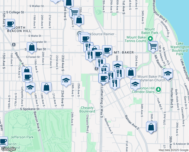 map of restaurants, bars, coffee shops, grocery stores, and more near 2705 South Winthrop Street in Seattle
