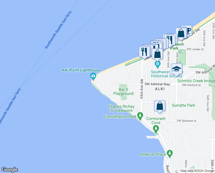 map of restaurants, bars, coffee shops, grocery stores, and more near 3210 Alki Avenue Southwest in Seattle