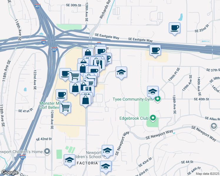 map of restaurants, bars, coffee shops, grocery stores, and more near 3811 130th Lane Southeast in Bellevue