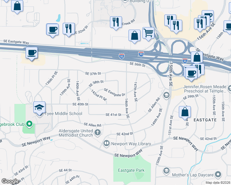 map of restaurants, bars, coffee shops, grocery stores, and more near 14401 Southeast Eastgate Drive in Bellevue