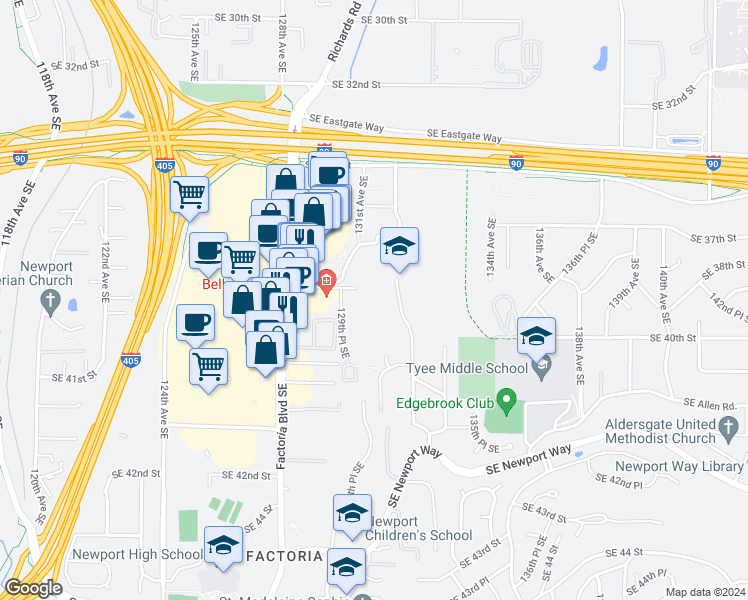 map of restaurants, bars, coffee shops, grocery stores, and more near 3811 130th Lane Southeast in Bellevue