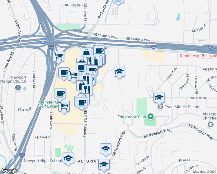 map of restaurants, bars, coffee shops, grocery stores, and more near 3811 130th Lane Southeast in Bellevue