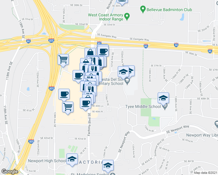 map of restaurants, bars, coffee shops, grocery stores, and more near 3811 130th Lane Southeast in Bellevue