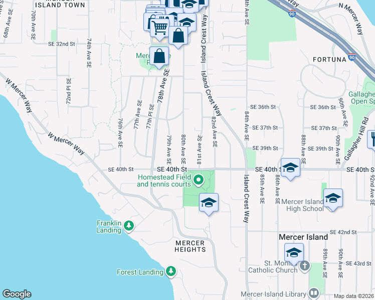 map of restaurants, bars, coffee shops, grocery stores, and more near 3846 80th Avenue Southeast in Mercer Island