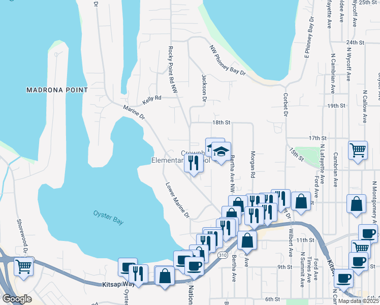 map of restaurants, bars, coffee shops, grocery stores, and more near 1525 Rocky Point Road Northwest in Bremerton