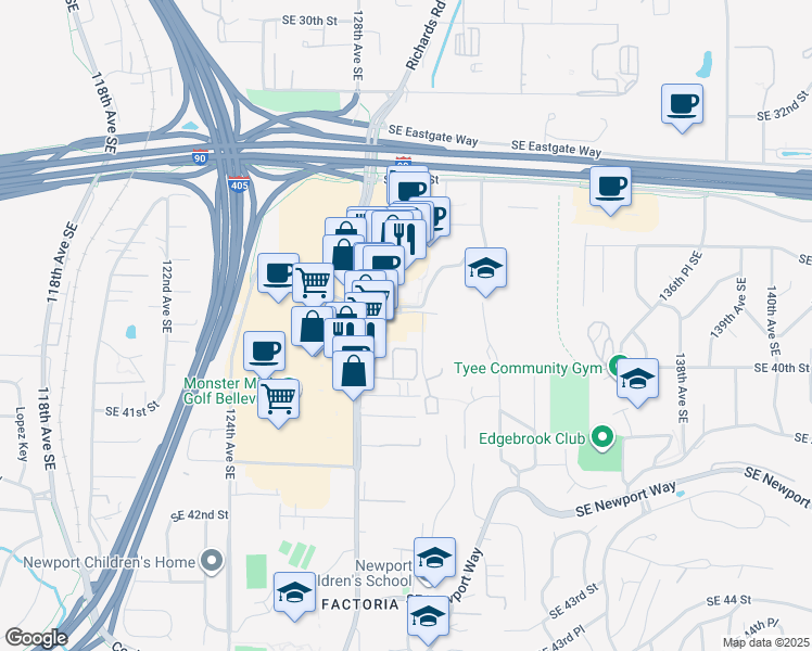 map of restaurants, bars, coffee shops, grocery stores, and more near 12903 Southeast 38th Street in Bellevue