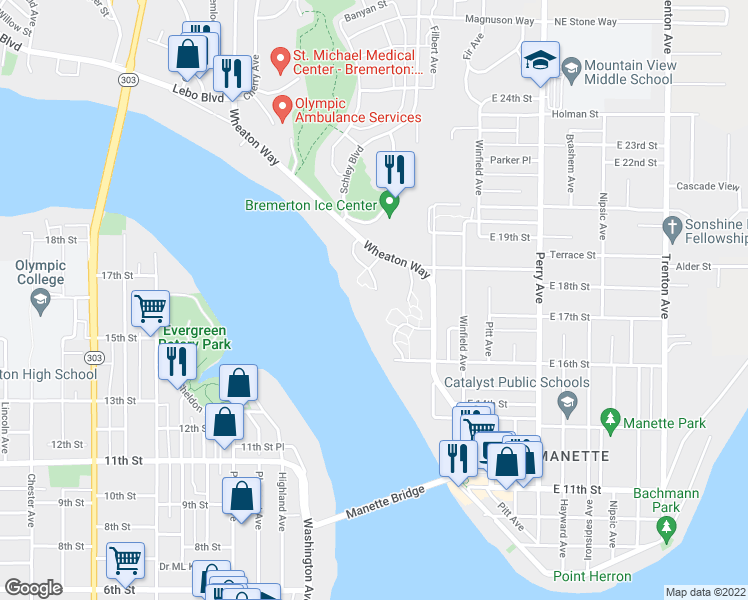 map of restaurants, bars, coffee shops, grocery stores, and more near 2901 Mountain View Drive in Bremerton