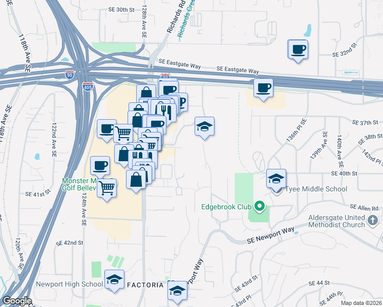 map of restaurants, bars, coffee shops, grocery stores, and more near 3809 131st Lane Southeast in Bellevue